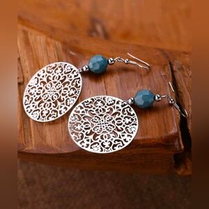 Fashion BohoLoco Silver Filigree Earrings with Teal Beads